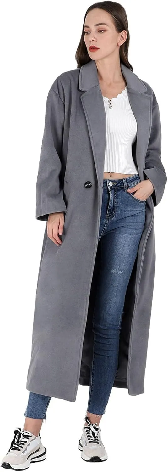 MOLERFO Women's Oversized Notched Collar Wool Blend Single Breast Midi Long Trench Coat