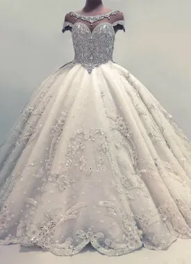 Newest Lace Crystals Short Sleeve Wedding Dress | Ball Gown Bridal Gown