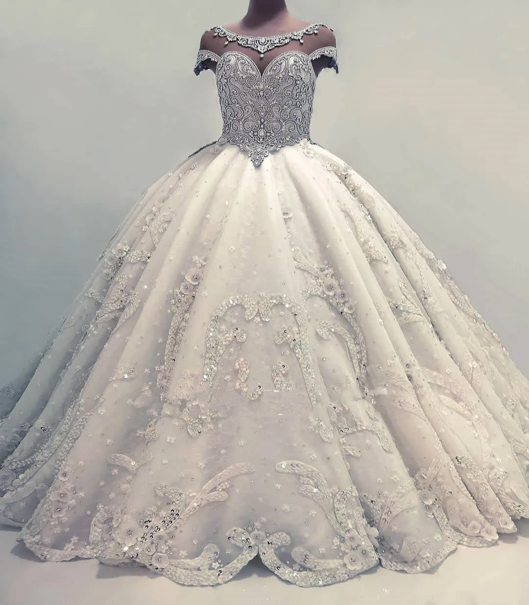 Newest Lace Crystals Short Sleeve Wedding Dress | Ball Gown Bridal Gown