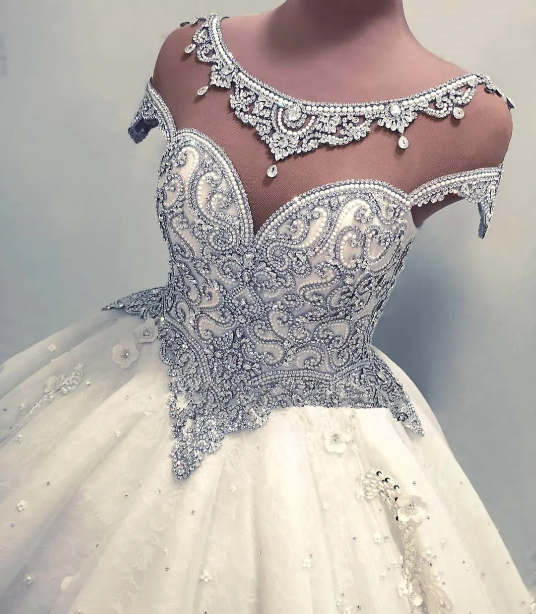 Newest Lace Crystals Short Sleeve Wedding Dress | Ball Gown Bridal Gown