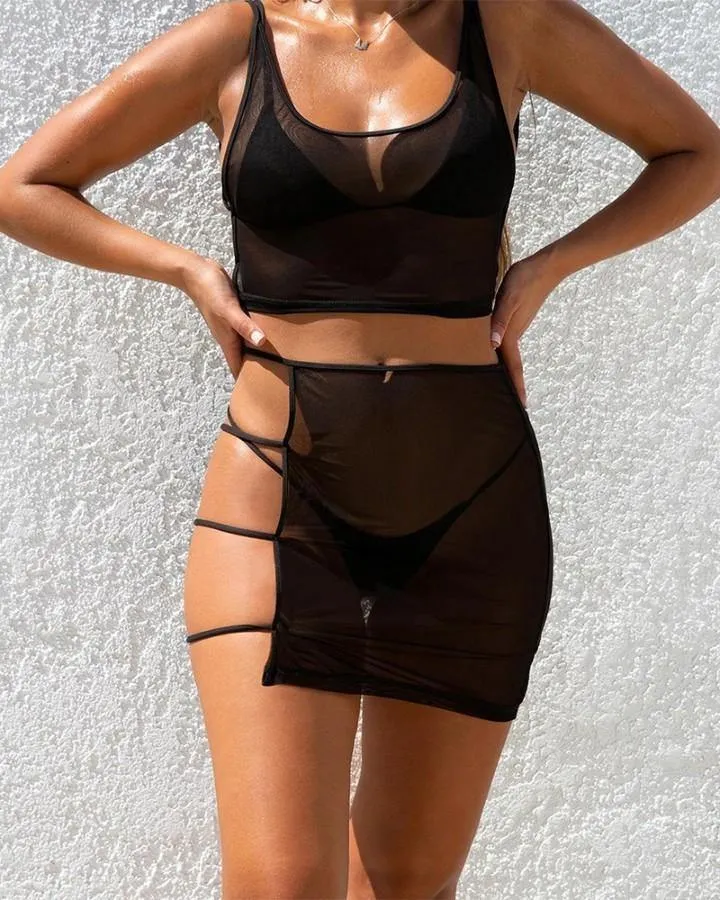 Solid Strap One-piece Swimwear With Mesh Suit Sets Bikini Sets