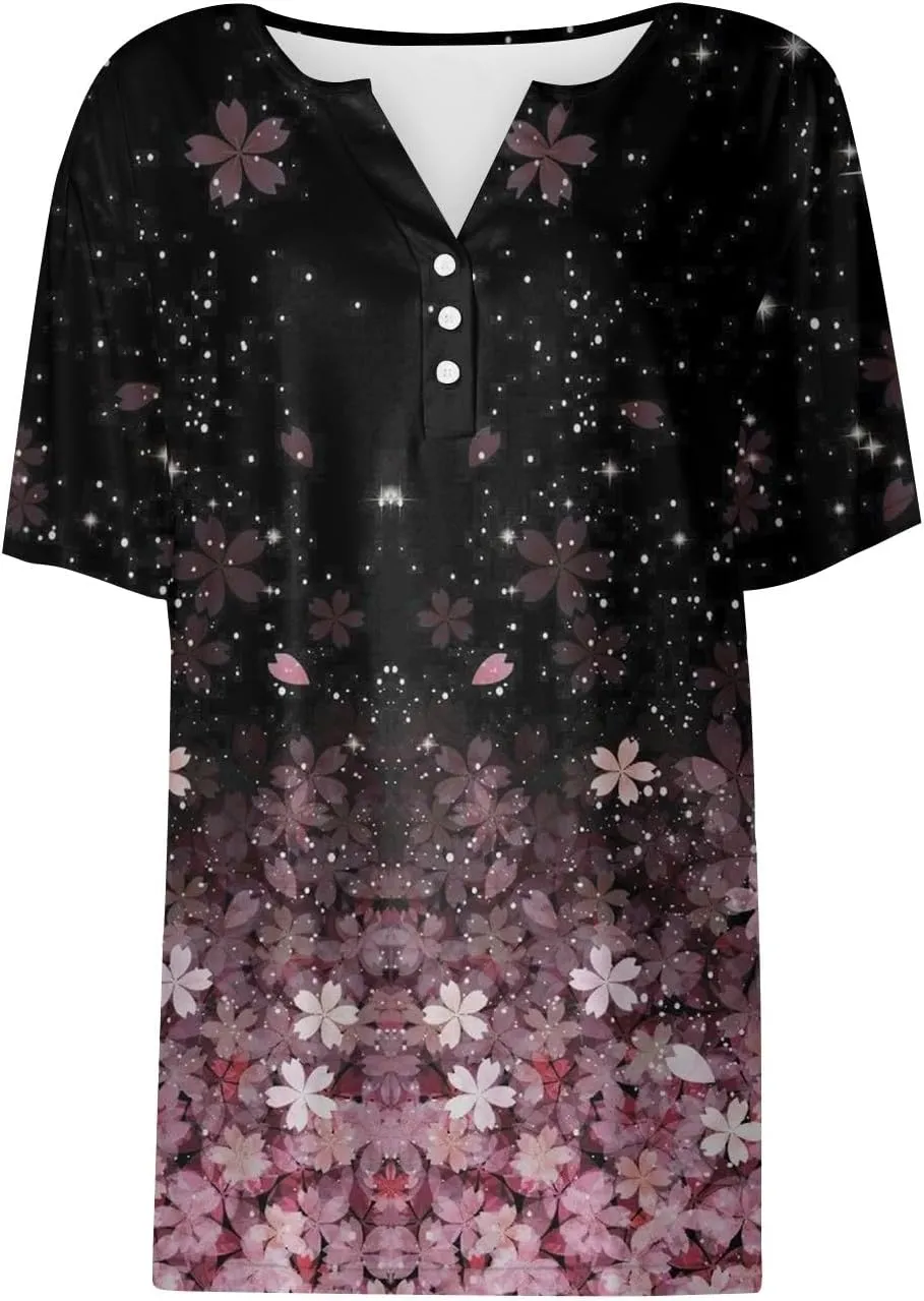 Spring Tops for Women Vacation Trendy V Neck 2025 Casual Short Sleeve Shirts Loose Comfy Tunic Clothes