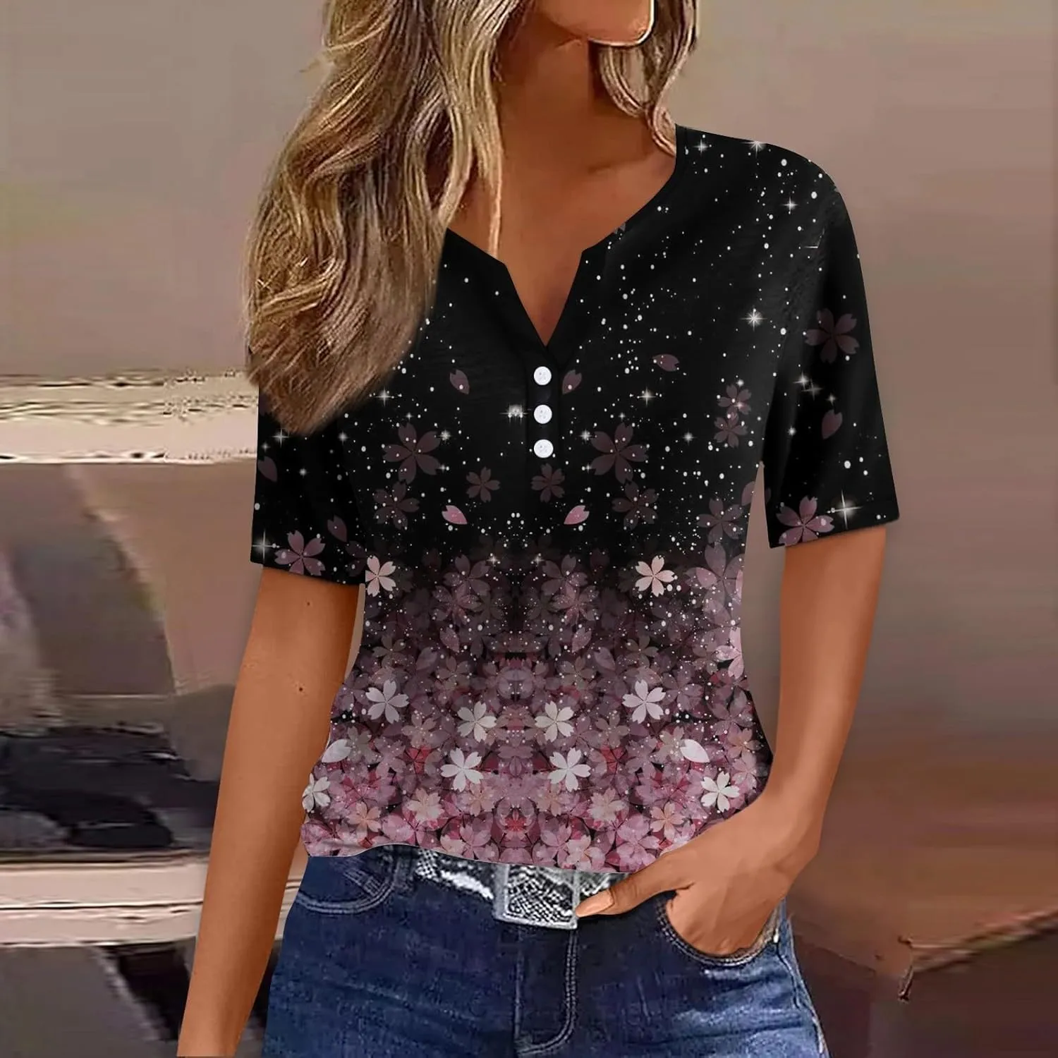 Spring Tops for Women Vacation Trendy V Neck 2025 Casual Short Sleeve Shirts Loose Comfy Tunic Clothes