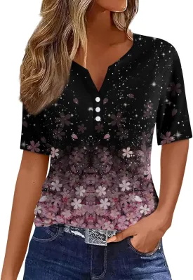 Spring Tops for Women Vacation Trendy V Neck 2025 Casual Short Sleeve Shirts Loose Comfy Tunic Clothes