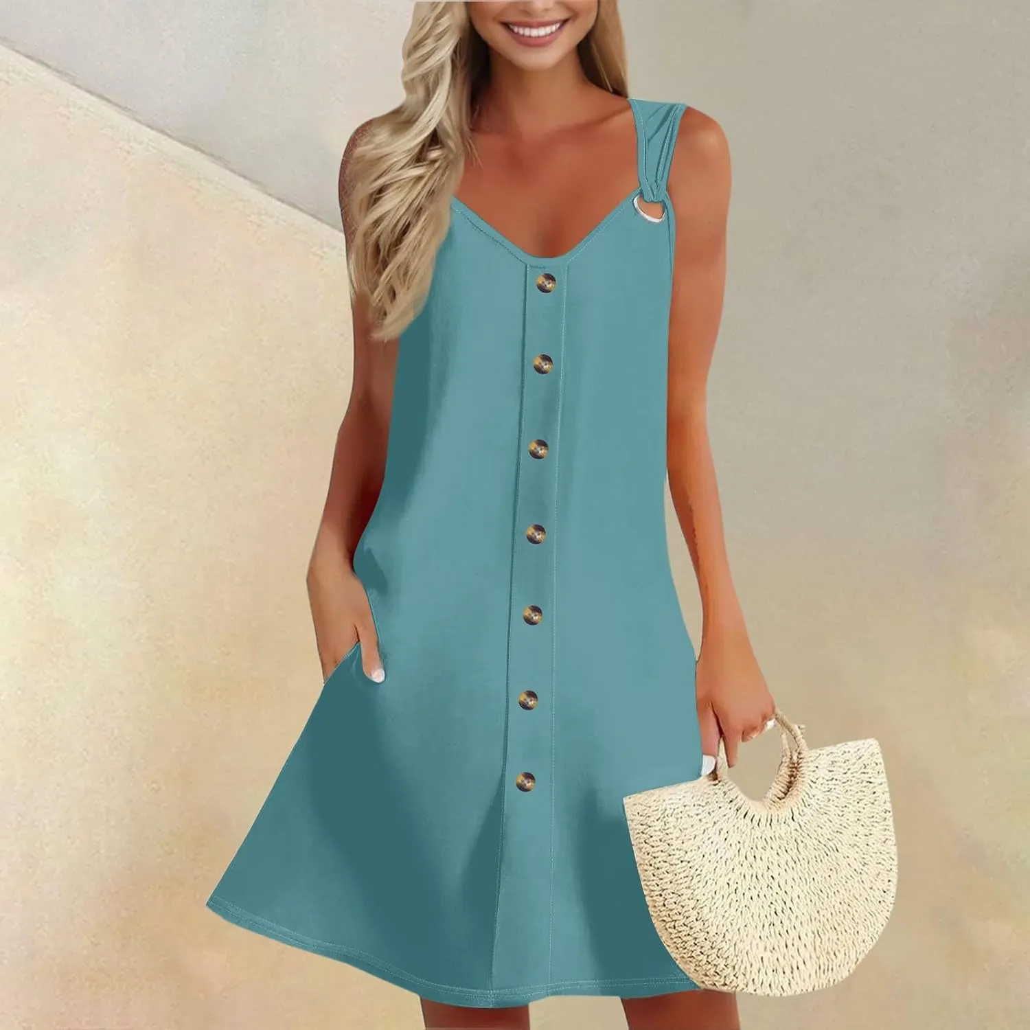 Sundress for Women Sleeveless Tank Dresses 2025 Vacation Plus Size Casual Button V Neck Boho Floral Beach Dress
