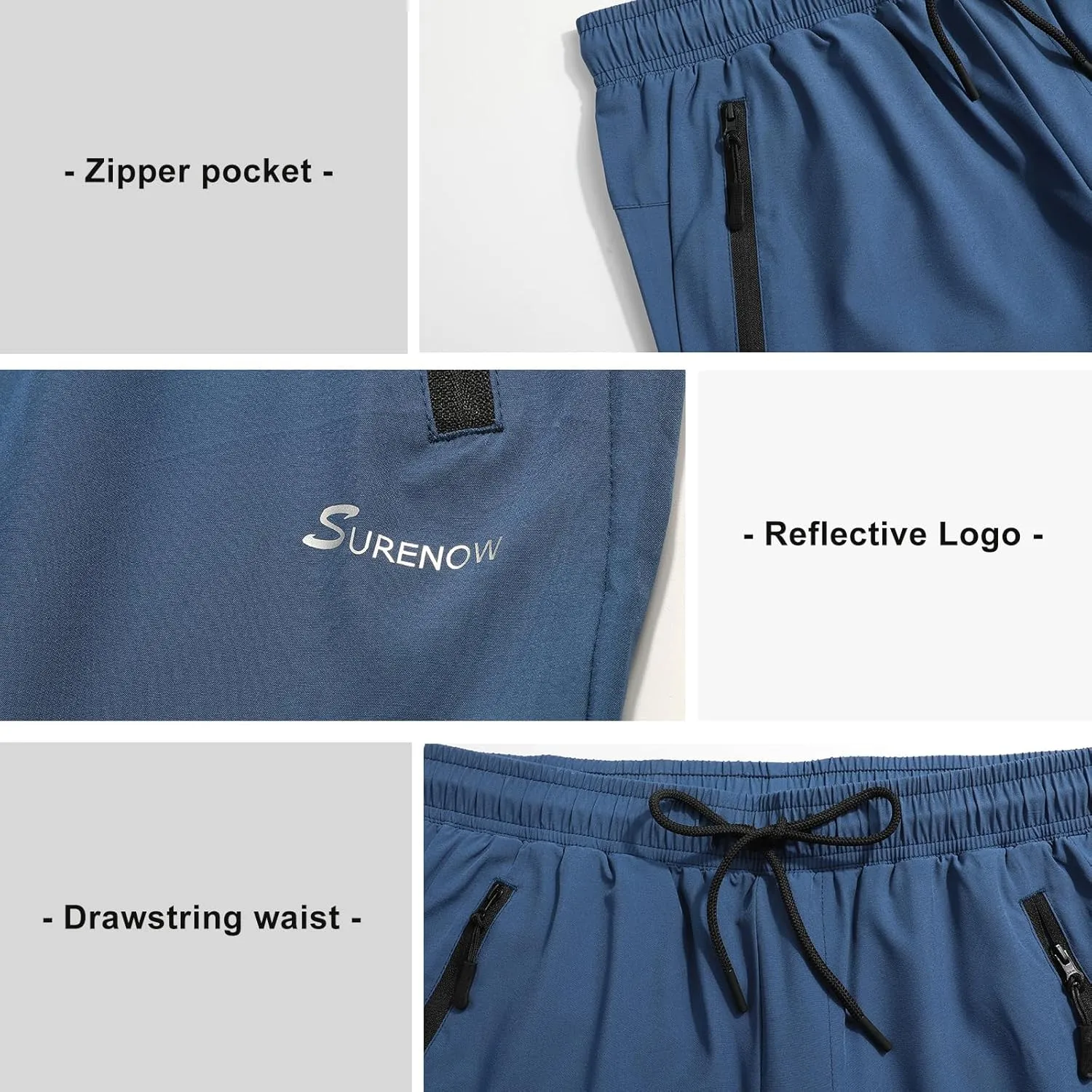 Surenow Men's Athletic Running Sweatpants Lightweight Stretch Jogger Track Pants Tapered Workout Gym Pants with Zipper Pocket