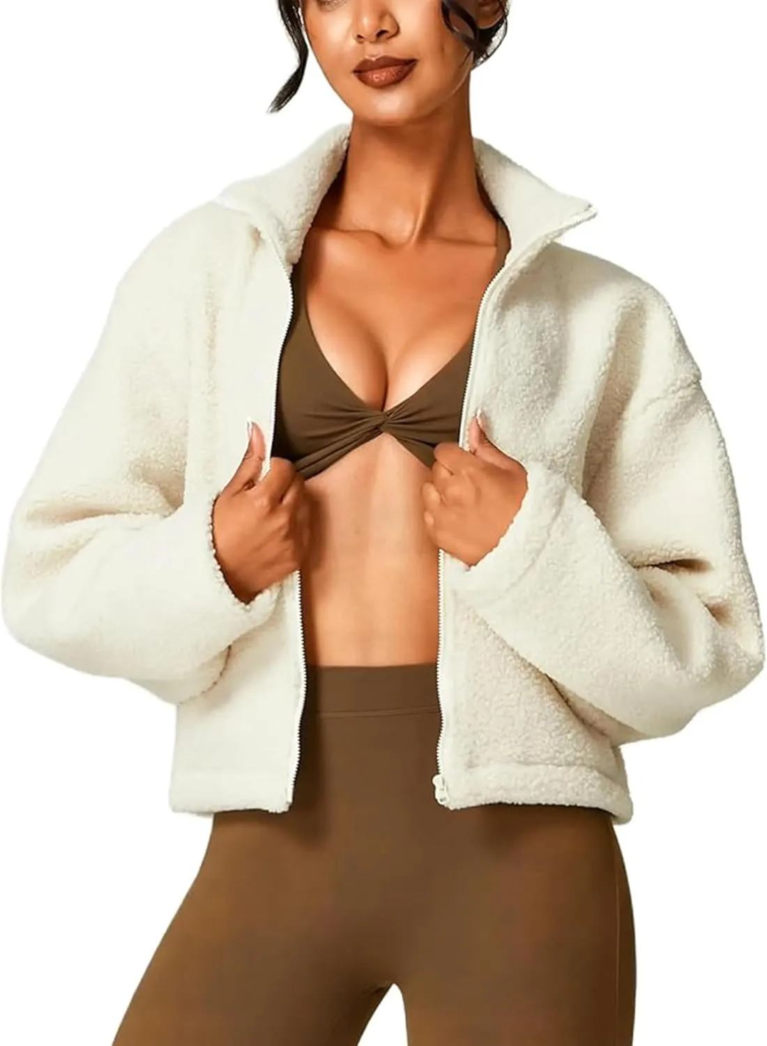 Watashi Women's Sherpa Jacket Faux Fur Coat Fleece Outerwear Zip-up with Pockets