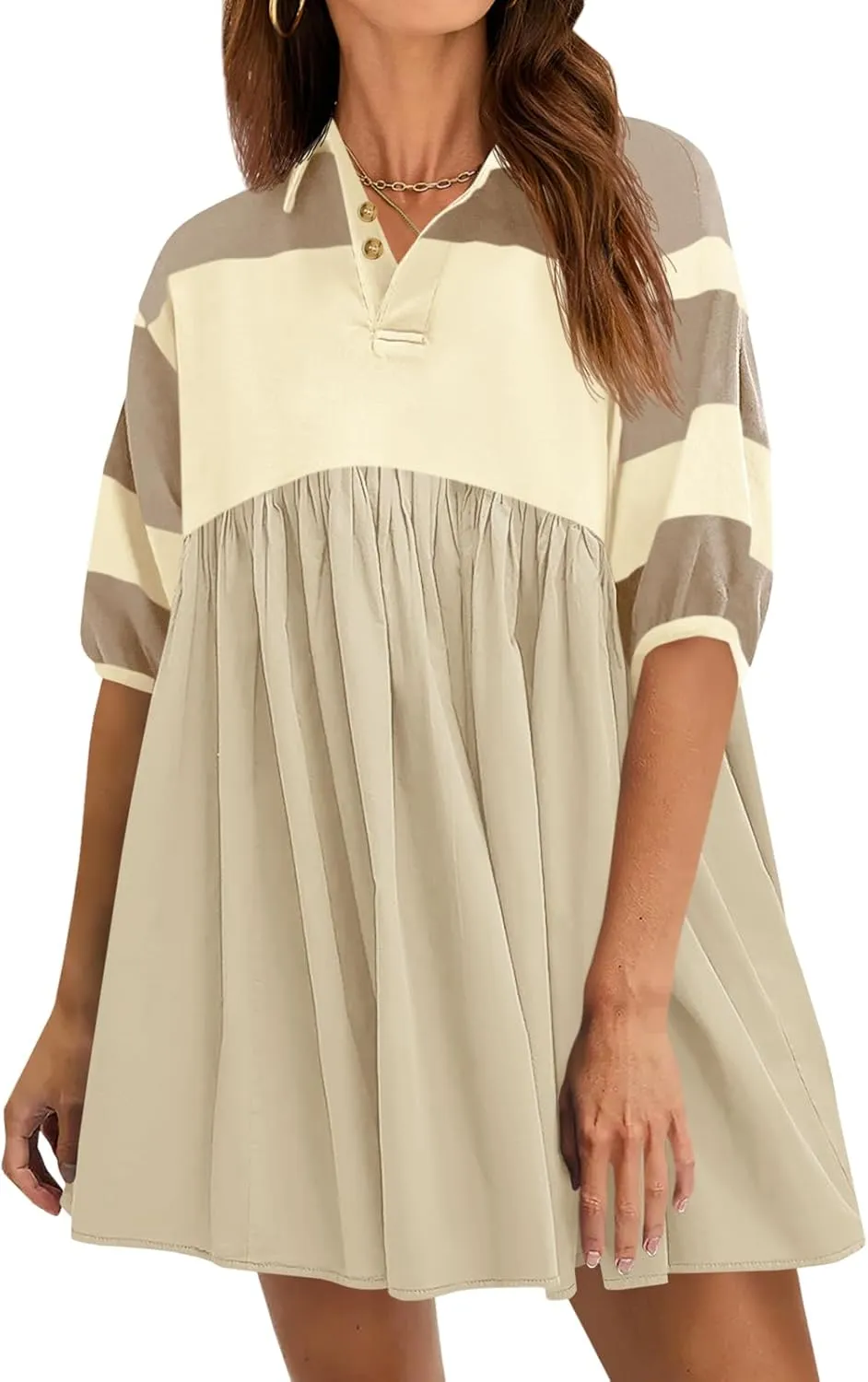 Wenrine Womens Summer Babydoll Dresses Oversized Casual Short Sleeve Color Block Collared V Neck Flowy Shirt Mini Dress