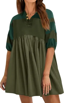 Wenrine Womens Summer Babydoll Dresses Oversized Casual Short Sleeve Color Block Collared V Neck Flowy Shirt Mini Dress