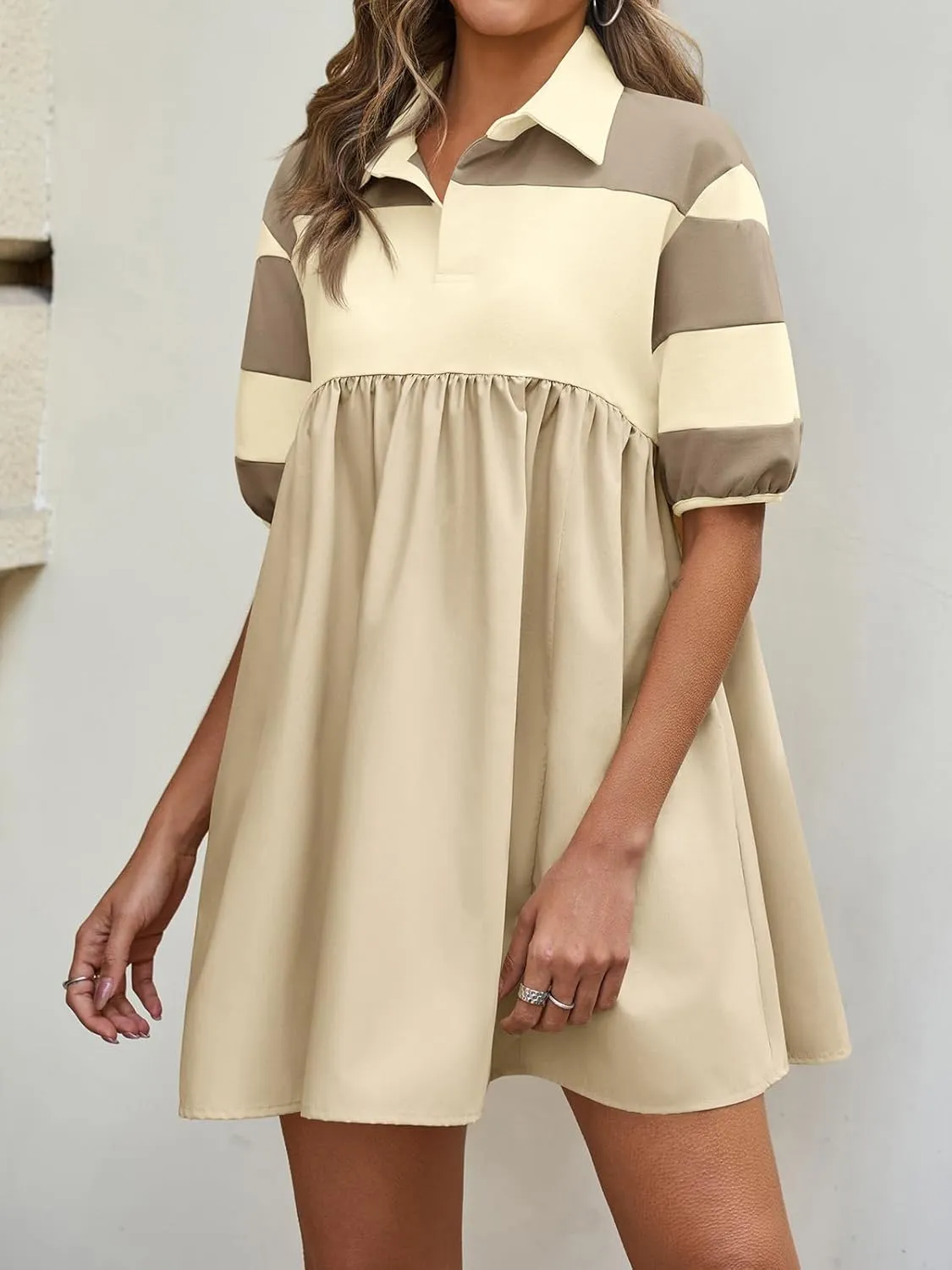 Wenrine Womens Summer Babydoll Dresses Oversized Casual Short Sleeve Color Block Collared V Neck Flowy Shirt Mini Dress