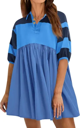 Wenrine Womens Summer Babydoll Dresses Oversized Casual Short Sleeve Color Block Collared V Neck Flowy Shirt Mini Dress
