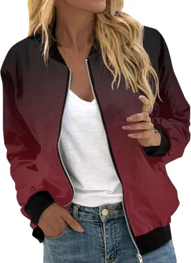 Women Fall Trendy Bomber Jacket Stand Collar Zip Up Windproof Floral Outerwears Long Sleeve Loose Casual Y2K Outwears