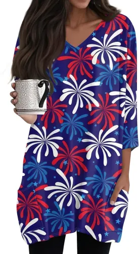 Women's 3/4 Sleeve Blouse Button Outfits V Neck Elegant American Flag Patriotic Comfy 4Th of July Dressy Tunic
