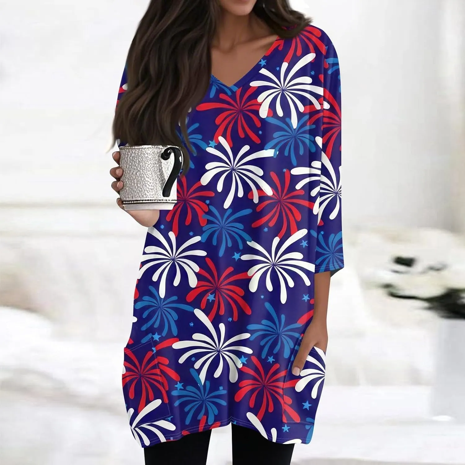 Women's 3/4 Sleeve Blouse Button Outfits V Neck Elegant American Flag Patriotic Comfy 4Th of July Dressy Tunic
