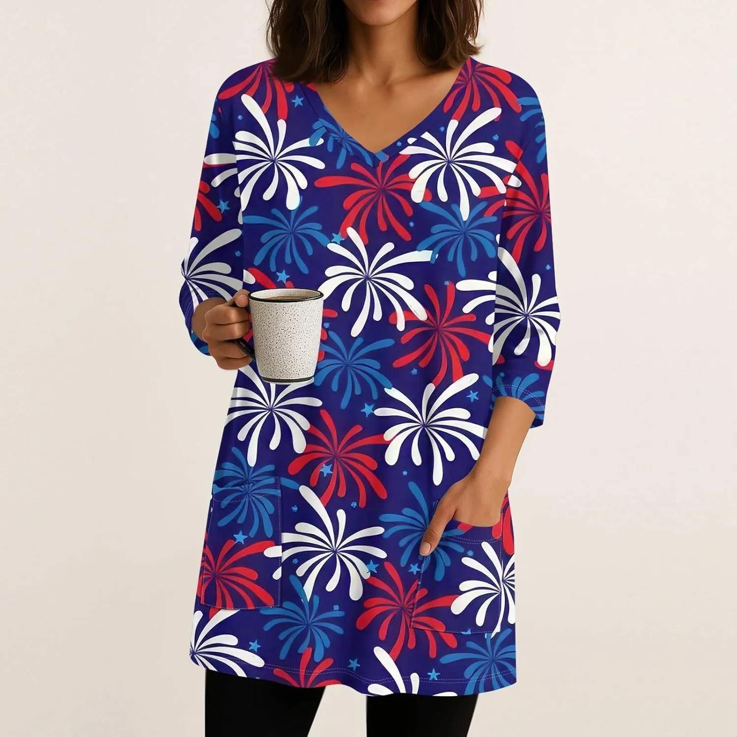Women's 3/4 Sleeve Blouse Button Outfits V Neck Elegant American Flag Patriotic Comfy 4Th of July Dressy Tunic