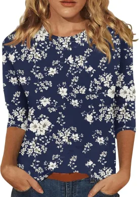 Womens 3/4 Sleeve Tops 2025 Summer Print Round Neck Shirts Loose Fit Three Quarter Sleeve Tshirts