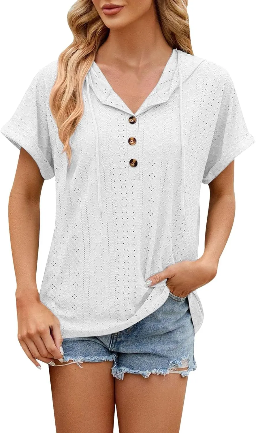 Women's Casual Summer Tops Short Sleeve Drawstring Hoodies Button V Neck T-Shirts Loose Fit Pullover Hooded Blouse