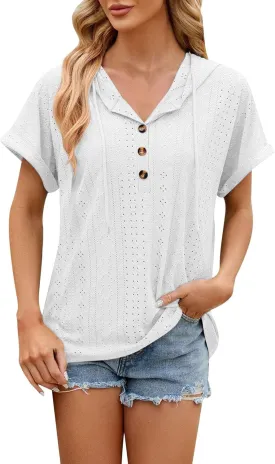 Women's Casual Summer Tops Short Sleeve Drawstring Hoodies Button V Neck T-Shirts Loose Fit Pullover Hooded Blouse