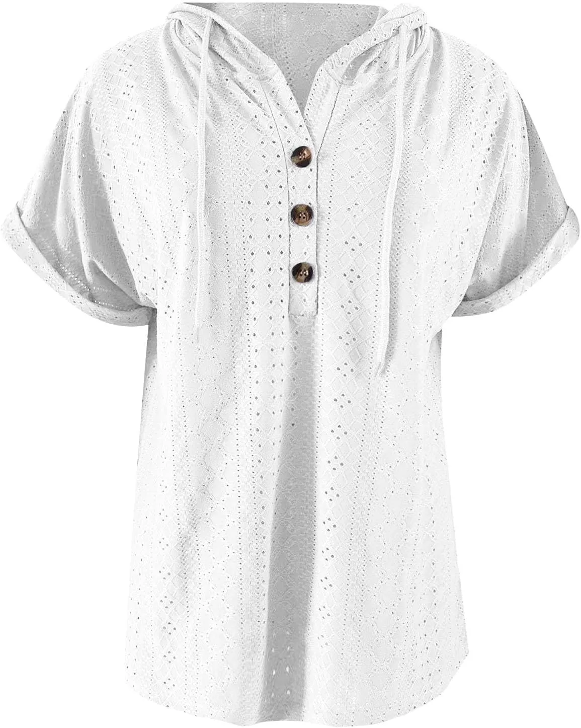 Women's Casual Summer Tops Short Sleeve Drawstring Hoodies Button V Neck T-Shirts Loose Fit Pullover Hooded Blouse