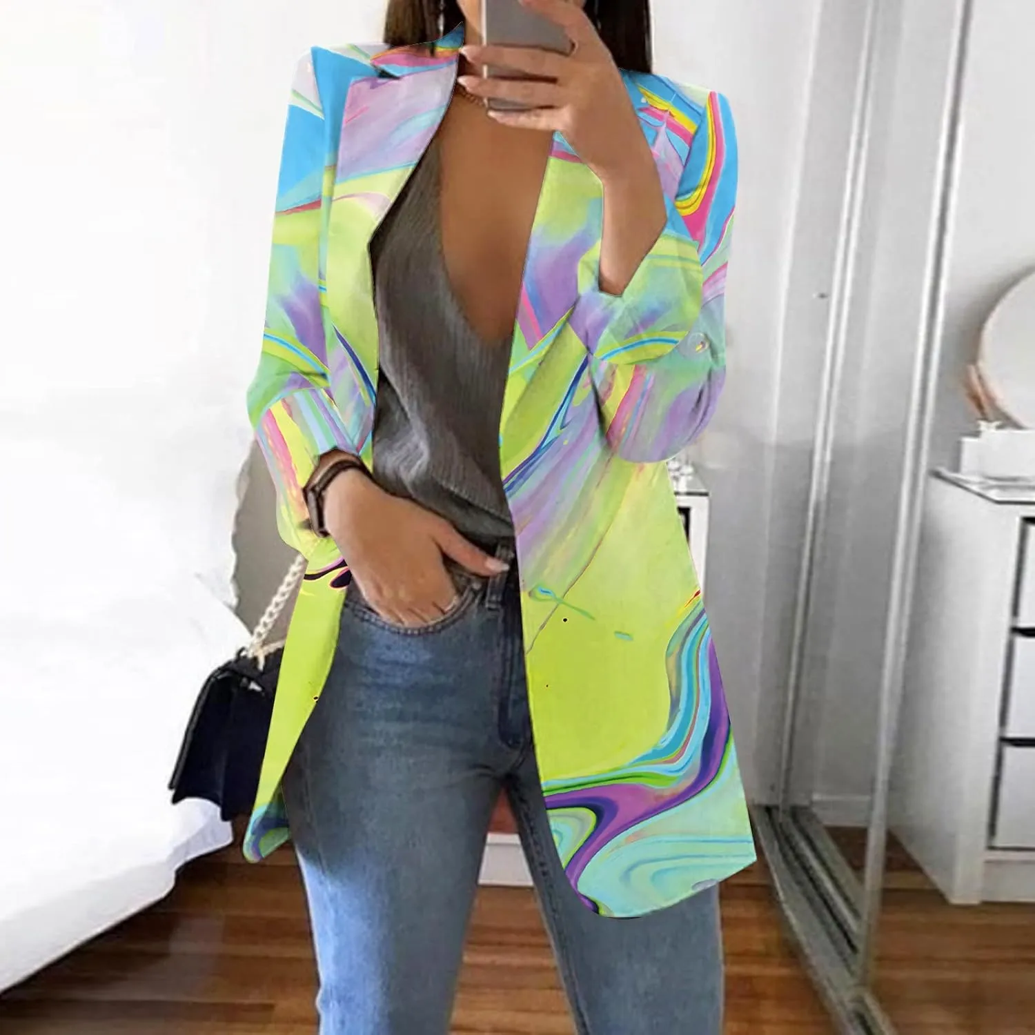Women's Fall Casual Trendy Long Sleeve Lapel Floral Cardigan Jacket Plus Size