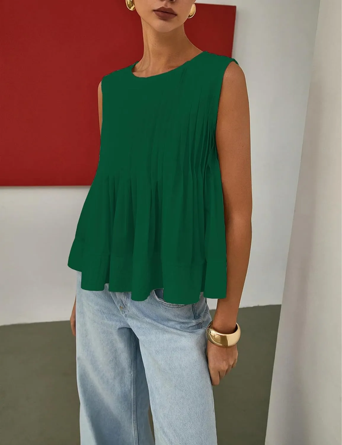 Womens Summer Tank Tops Pleated Babydoll Tops Sleeveless Peplum Casual Blouse T Shirts