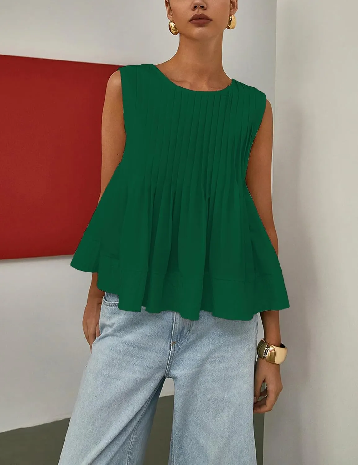 Womens Summer Tank Tops Pleated Babydoll Tops Sleeveless Peplum Casual Blouse T Shirts