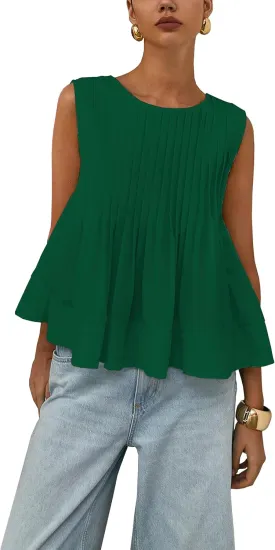 Womens Summer Tank Tops Pleated Babydoll Tops Sleeveless Peplum Casual Blouse T Shirts